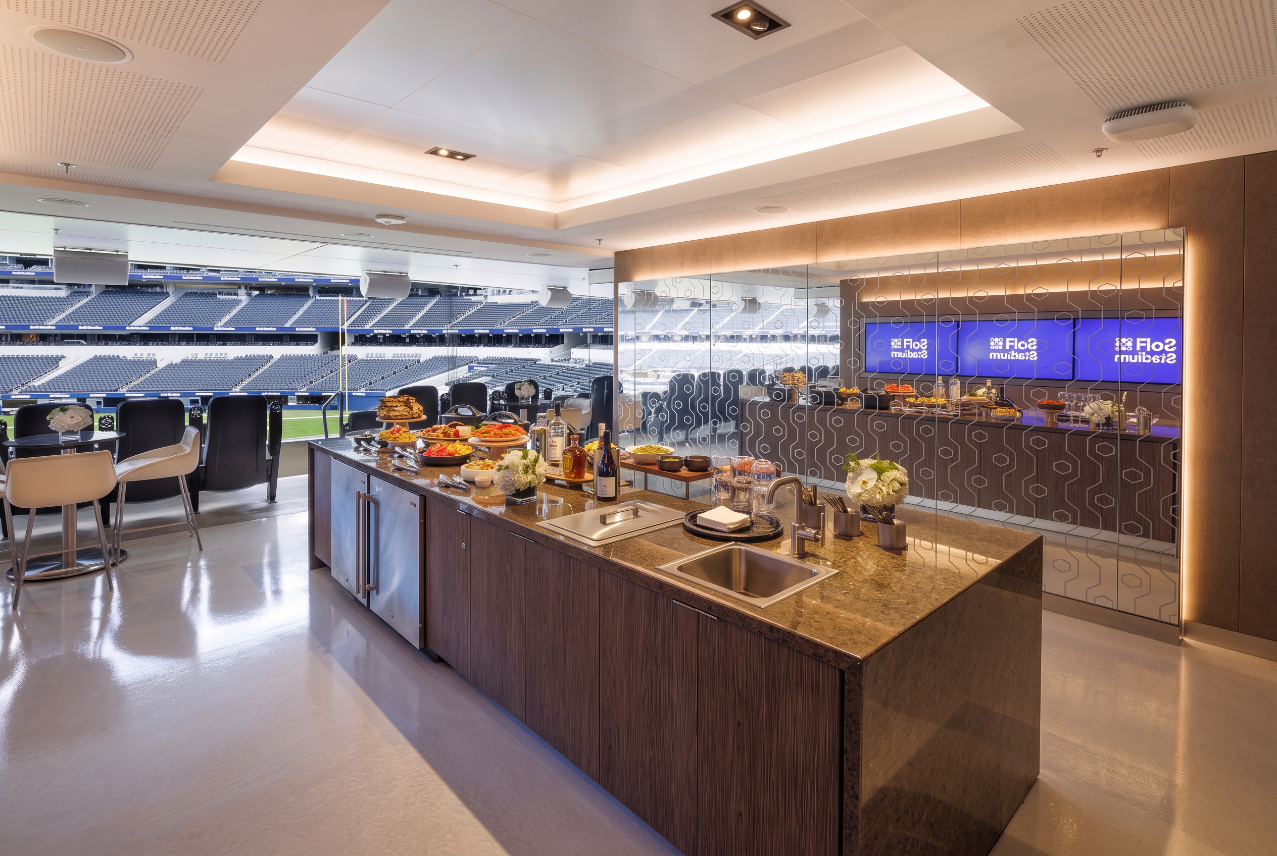 VIP suite hospitality counter set for a group at SoFi Stadium