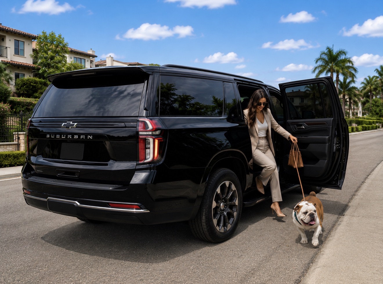Passenger stepping out of a black Chevrolet Suburban with her English bulldog on a Los Angeles street